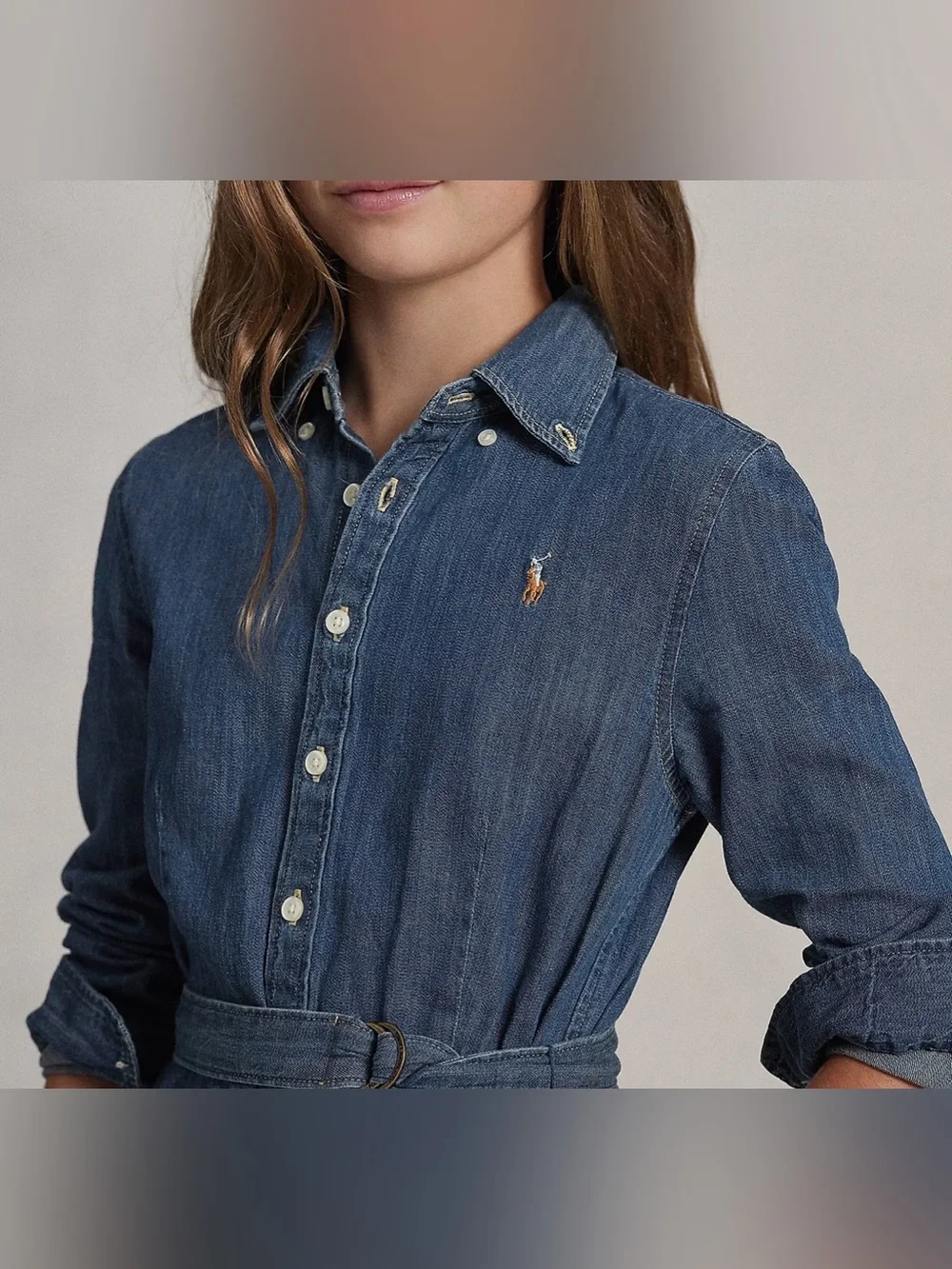 Polo Ralph Lauren Girls Denim Shirt Dress with Belt (Size: 14)